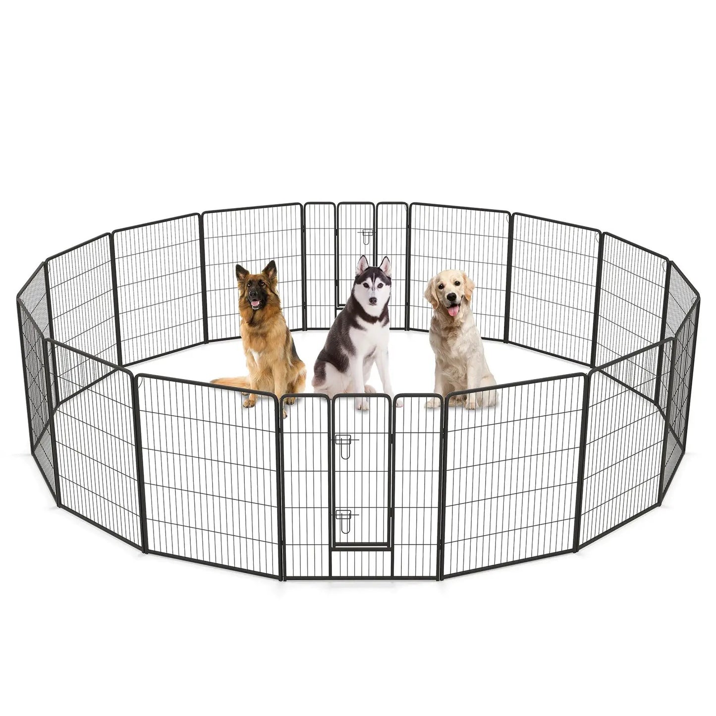 16-panel black metal dog playpen with locking door and large gate, three dogs inside on Tampa Home & Garden Store