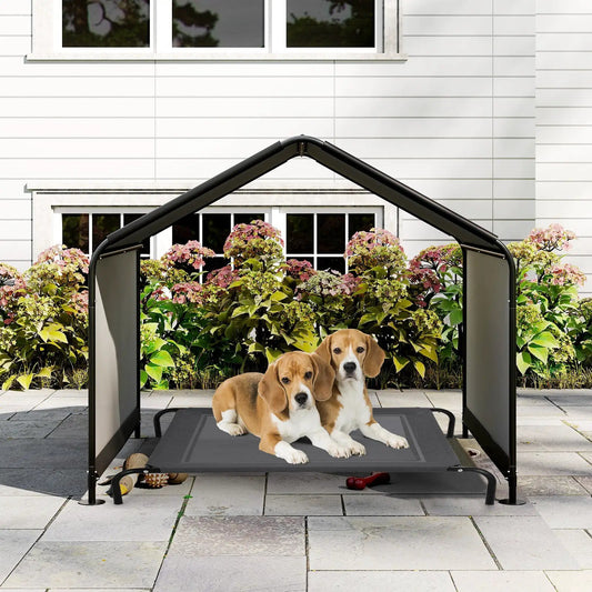 Dog Shade Shelter With Waterproof Roof Black portable kennel with two beagle puppies on platform on Tampa Home & Garden Store