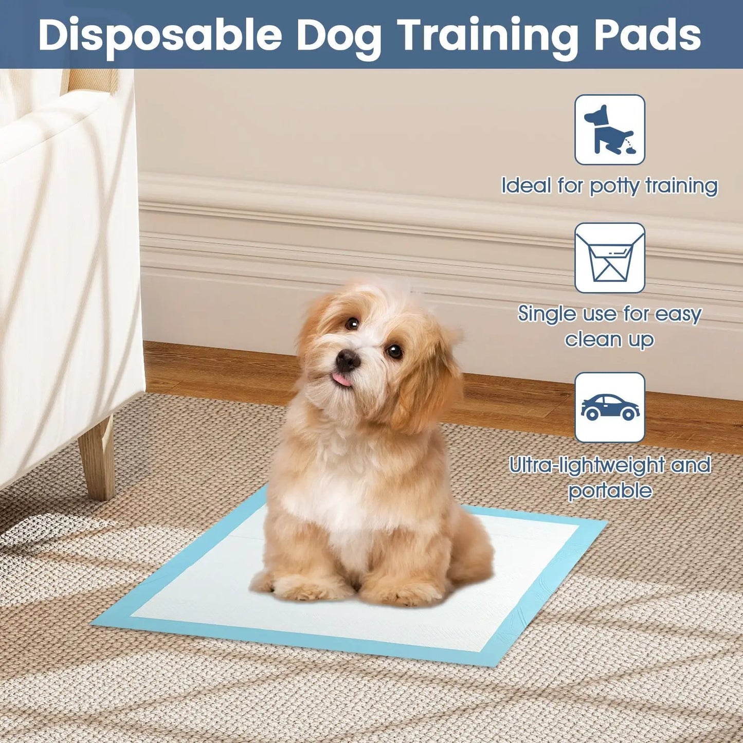 Dog training pads 18x13 in, 300-count, blue-bordered disposable potty pads for pets on Tampa Home & Garden Store