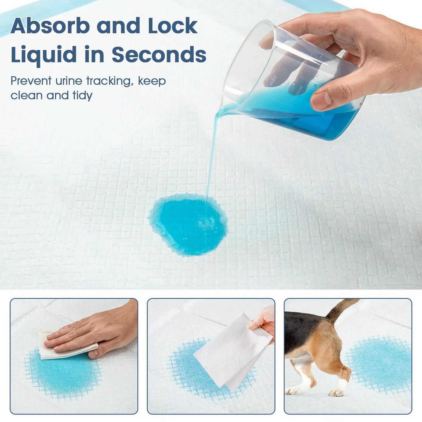 Dog and Puppy Pee Pads 36x36 blue training pads; absorbent grid surface with blue liquid on Tampa Home & Garden Store
