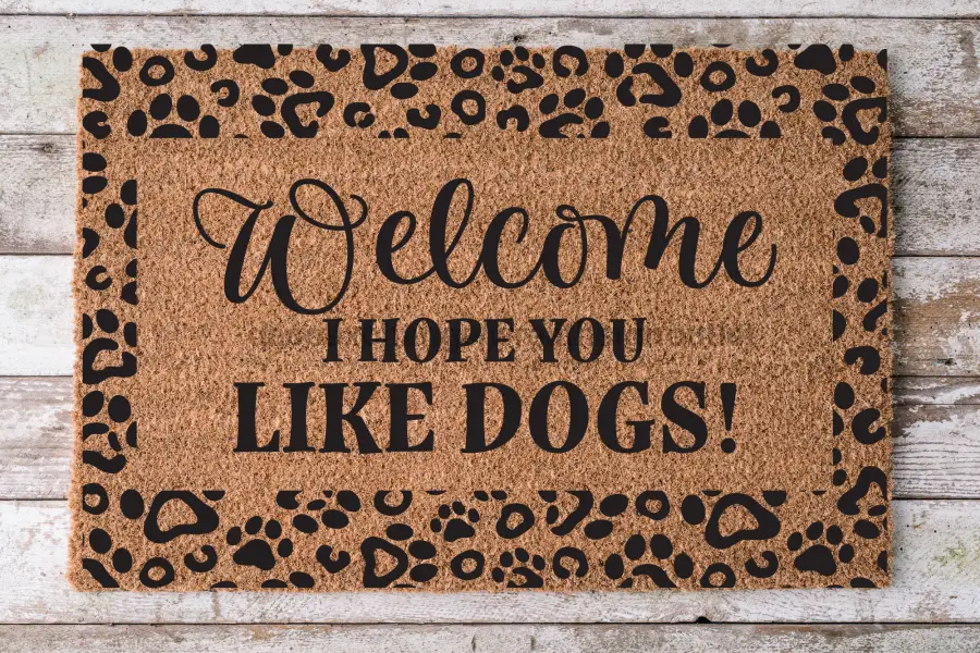 Door Mat Dogs Welcome Doormat with leopard-print border and Welcome I HOPE YOU LIKE DOGS on Tampa Home & Garden Store