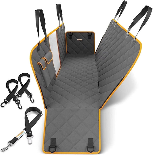 Dog car seat cover hammock by The Max & Rex Collection, gray waterproof fabric with orange trim on Tampa Home & Garden Store