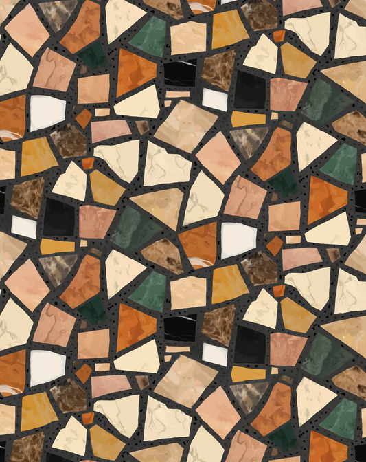 Dolce Terrazzo wallpaper in black matte finish with warm beige cream and tan terrazzo tiles on Tampa Home & Garden Store