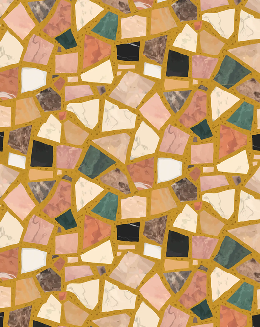 Dolce Terrazzo Wallpaper in Mustard mosaic of marble chips with cream and pink on golden grout on Tampa Home & Garden Store