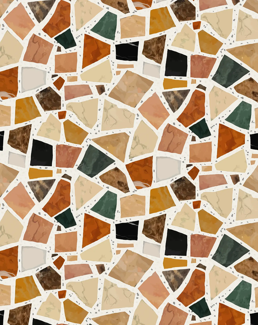 Dolce Terrazzo wallpaper white marble finish with multicolor terrazzo blocks in warm neutrals on Tampa Home & Garden Store