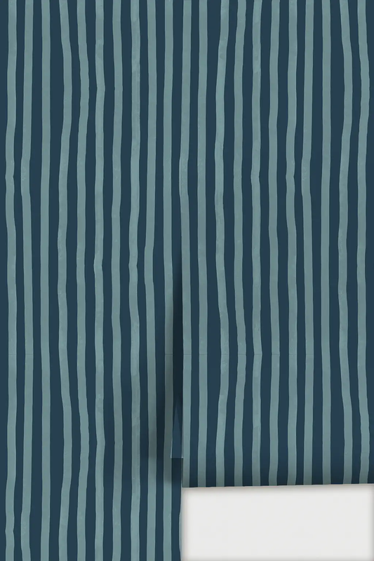 Dolce Stripe Wallpaper Navy and Light Blue by Samantha Santana Creative, vertical wavy stripes on Tampa Home & Garden Store