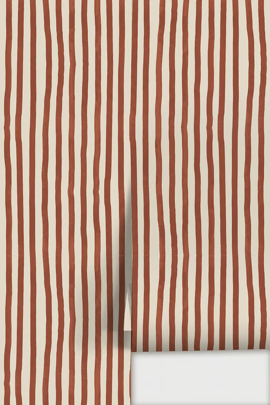 Dolce Stripe Wallpaper off white and brick red; Samantha Santana Creative vertical stripes on Tampa Home & Garden Store