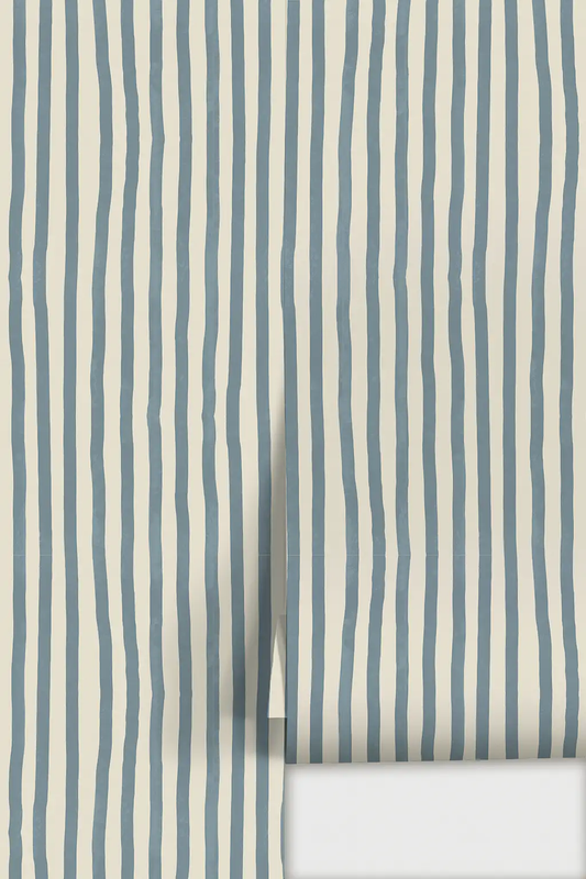 Dolce Stripe Wallpaper off white with dusty blue wavy stripes Samantha Santana Creative on Tampa Home & Garden Store