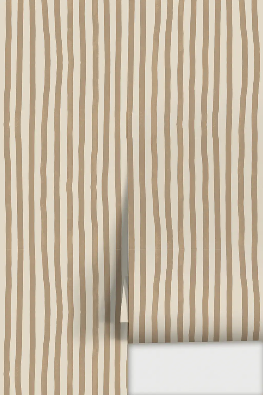 Dolce Stripe wallpaper off white and tan by Samantha Santana Creative, vertical wavy stripes on Tampa Home & Garden Store