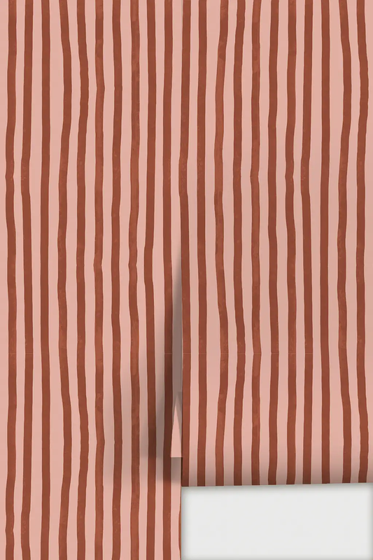 Dolce Stripe Wallpaper pink backdrop with brick red stripes by Samantha Santana Creative on Tampa Home & Garden Store