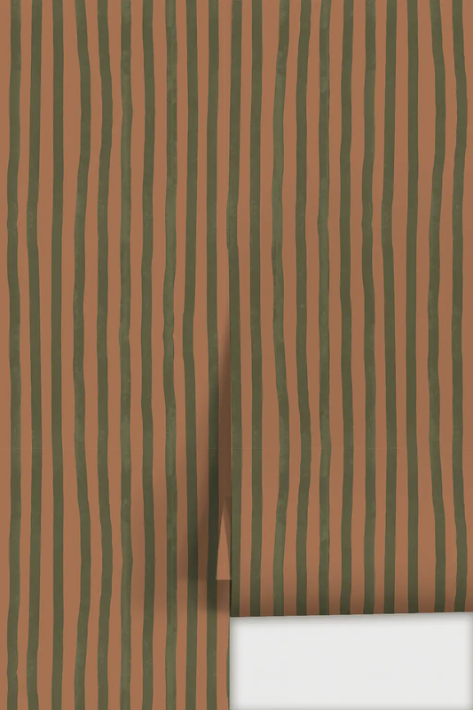 Dolce Stripe wallpaper Terra Cotta and Olive with olive green vertical stripes on terracotta on Tampa Home & Garden Store