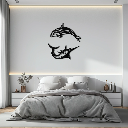 Dolphin and Marlin steel wall art black metal ocean-inspired silhouette sculpture by Enova Art on Tampa Home & Garden Store