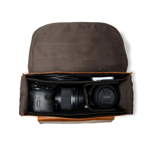 Don McCullin Buffalo Leather Camera Bag dark brown exterior with DSLR and lens inside on Tampa Home & Garden Store