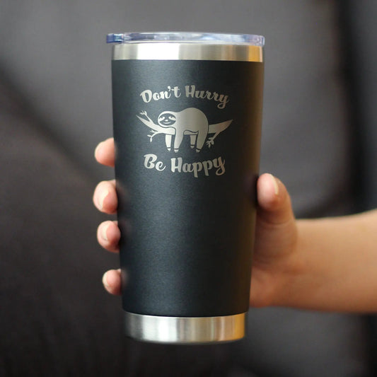 Don't Hurry Be Happy insulated tumbler bevvee black matte finish with clear lid on Tampa Home & Garden Store