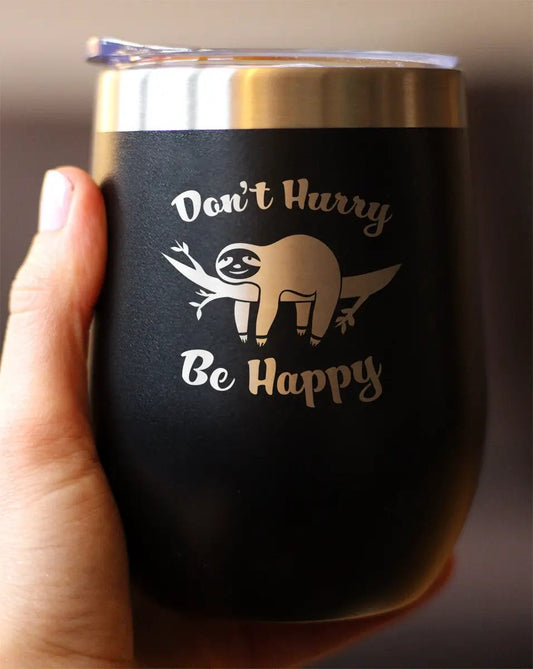 Sloth Wine Tumbler by bevvee, black matte stainless steel insulated cup with sliding lid on Tampa Home & Garden Store