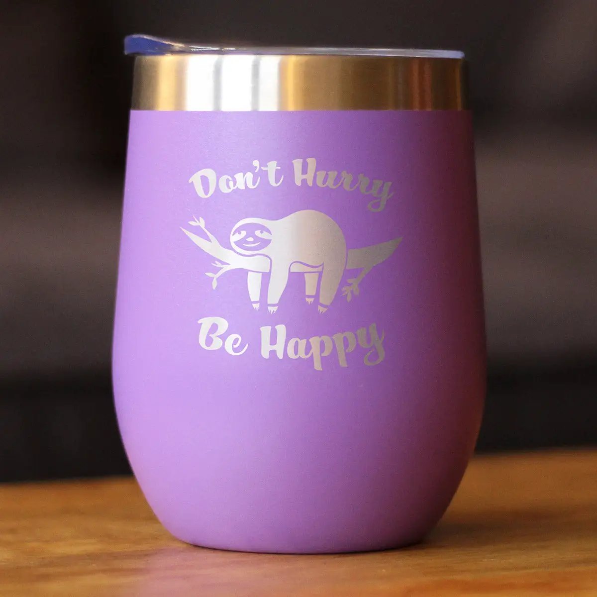 Sloth Wine Tumbler with sliding lid lavender purple stainless steel insulated cup on Tampa Home & Garden Store
