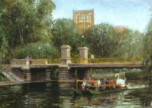 Swan Boat blank greeting card by Donny Finley; impressionist riverside scene with bridge on Tampa Home & Garden Store