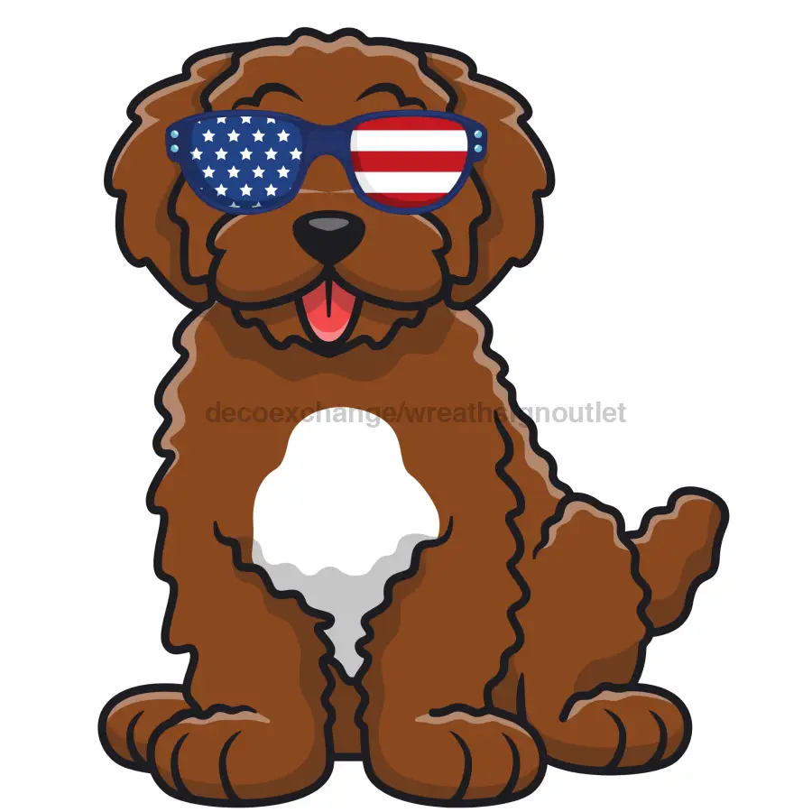 Doodle Door Hanger for Dogs 22 inch wooden sign with doodle dog and flag sunglasses DecoExchange on Tampa Home & Garden Store