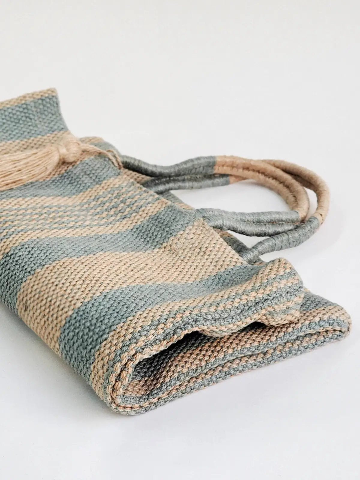 Dora jute tote bag pale green striped handloomed with rope handles on Tampa Home & Garden Store