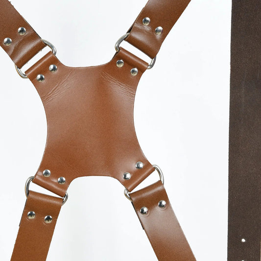 Double camera strap harness two brown buffalo leather straps with silver rivets and rings on Tampa Home & Garden Store