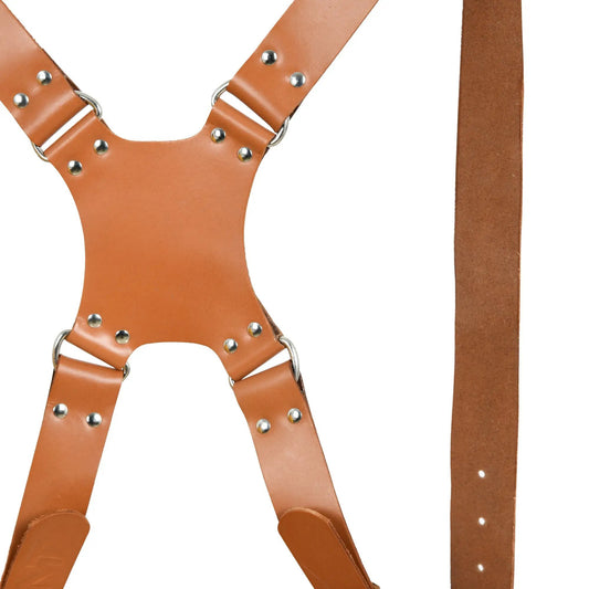 Double Camera Strap Harness tan brown leather with riveted hardware and rings on Tampa Home & Garden Store