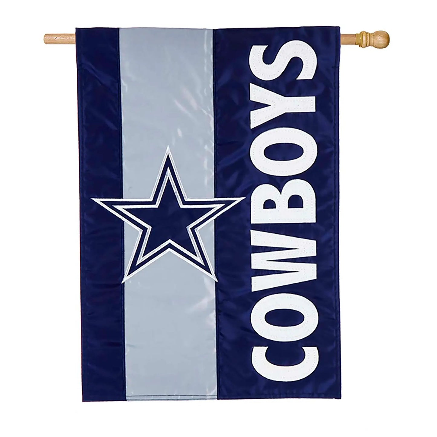 Dallas Cowboys double-sided embellished sublimated flag with navy field gray stripe star logo on Tampa Home & Garden Store