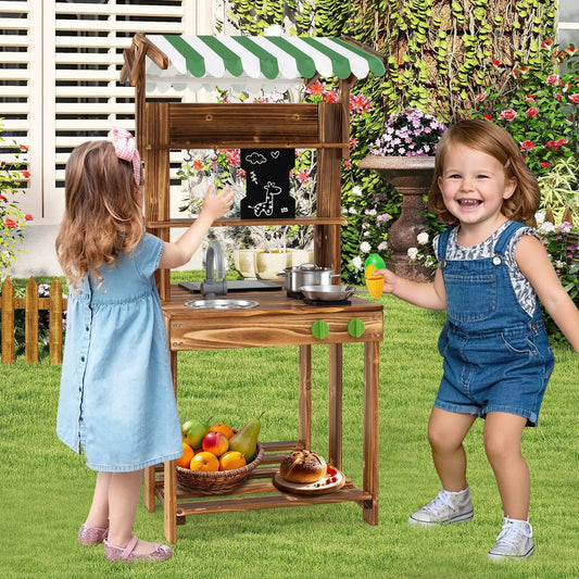 Double-Sided Mud Kitchen with Canopy, chalkboard, green canopy, two kids outdoors on Tampa Home & Garden Store