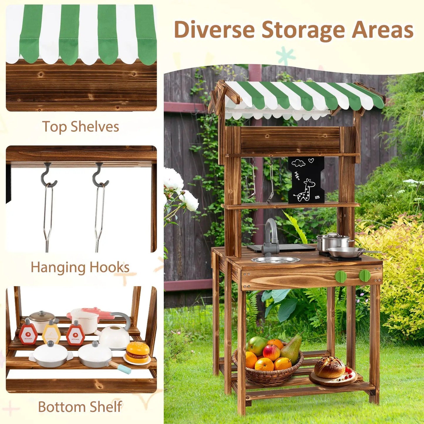 Double-Sided Mud Kitchen with Canopy in natural wood with a green and white striped canopy on Tampa Home & Garden Store