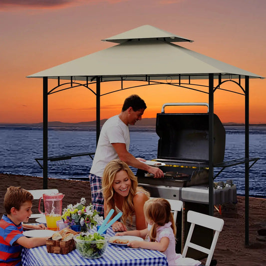 Outdoor Double-Tiered Grill Gazebo Canopy with 2 Shelves and 7 Hooks-Beige - Tampa Home & Garden Store
