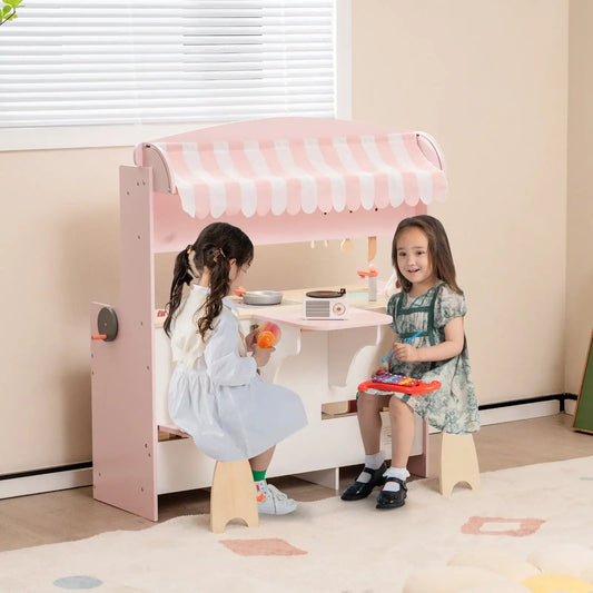Double-Sided Kids Play Kitchen with Canopy, pink frame and striped canopy, includes 2 seats on Tampa Home & Garden Store
