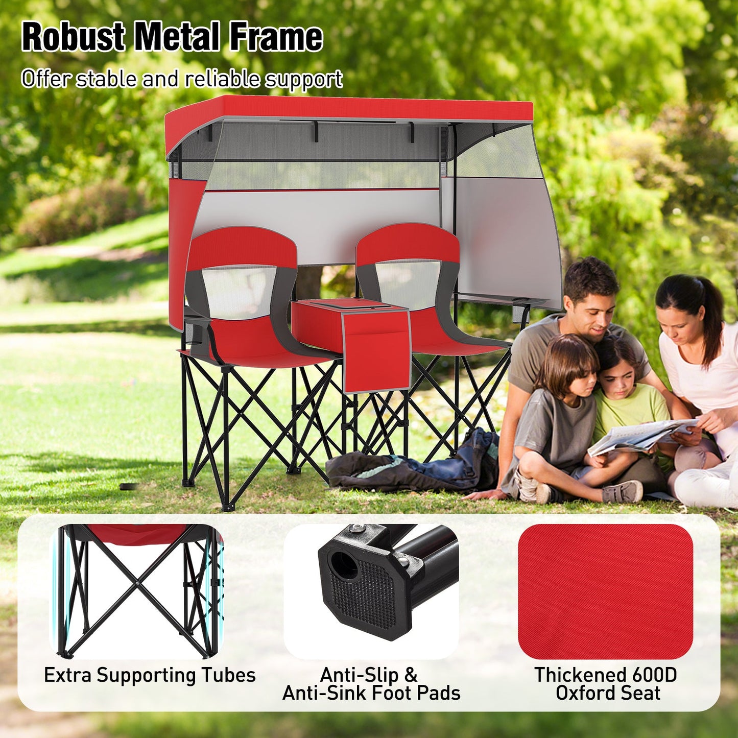 Double folding beach chair set with adjustable canopy and side shading curtains, red seats DirectDeals on Tampa Home & Garden Store