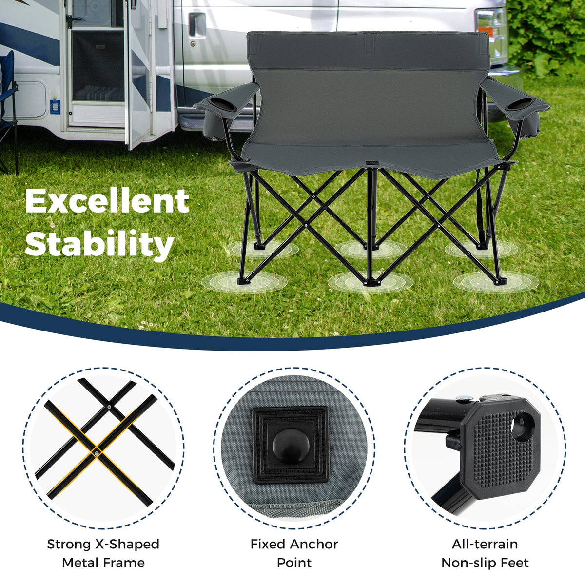 Double camping chair 2-person outdoor folding loveseat by GemGear in gray with cup holders on Tampa Home & Garden Store