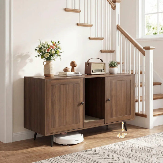 Double Cat Litter Box Enclosure with Scratching Pad in walnut wood cabinet on Tampa Home & Garden Store
