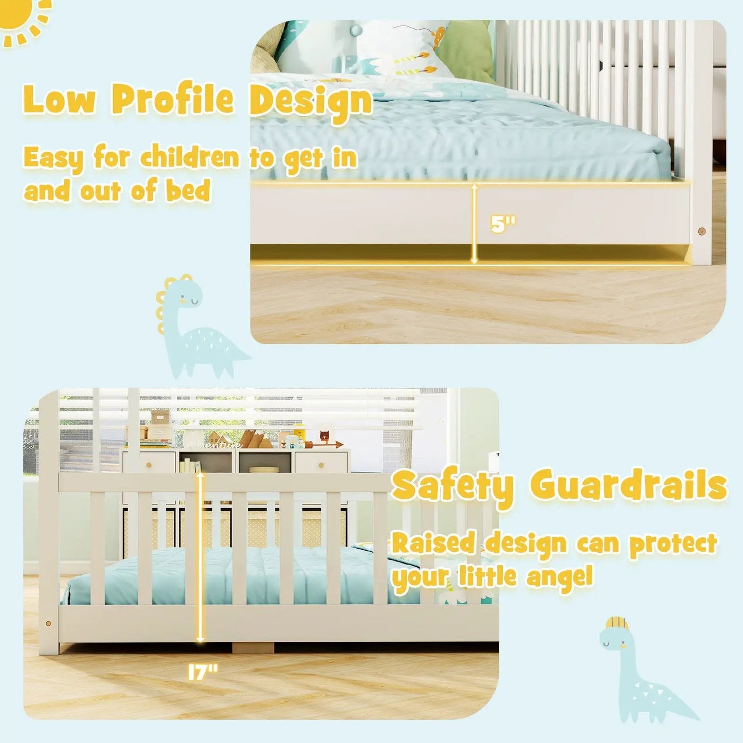Double floor bed for twins with guardrails, white low-profile bunk bed by DirectDeals on Tampa Home & Garden Store