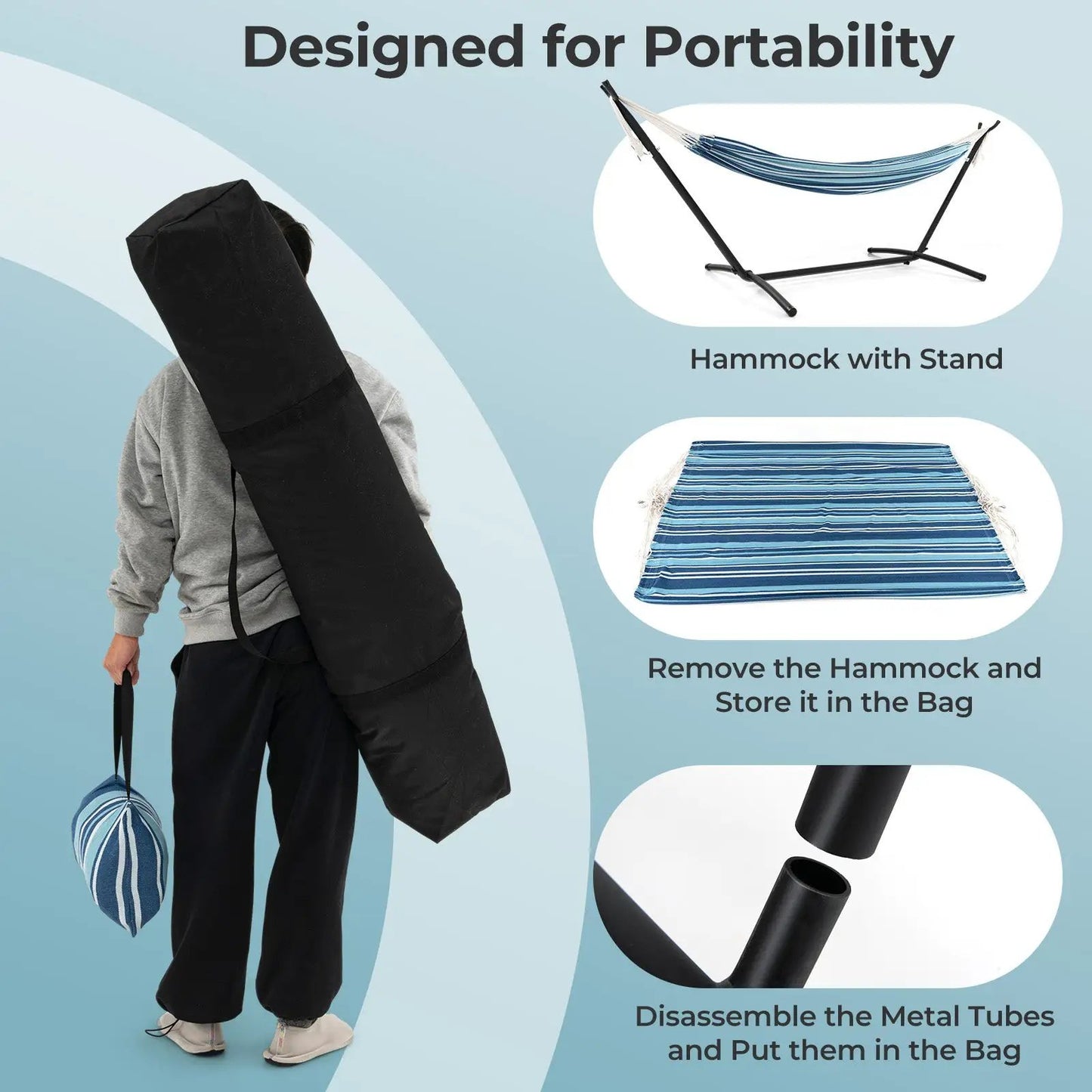 Portable two-person blue hammock set with stand and carrying bag on Tampa Home & Garden Store