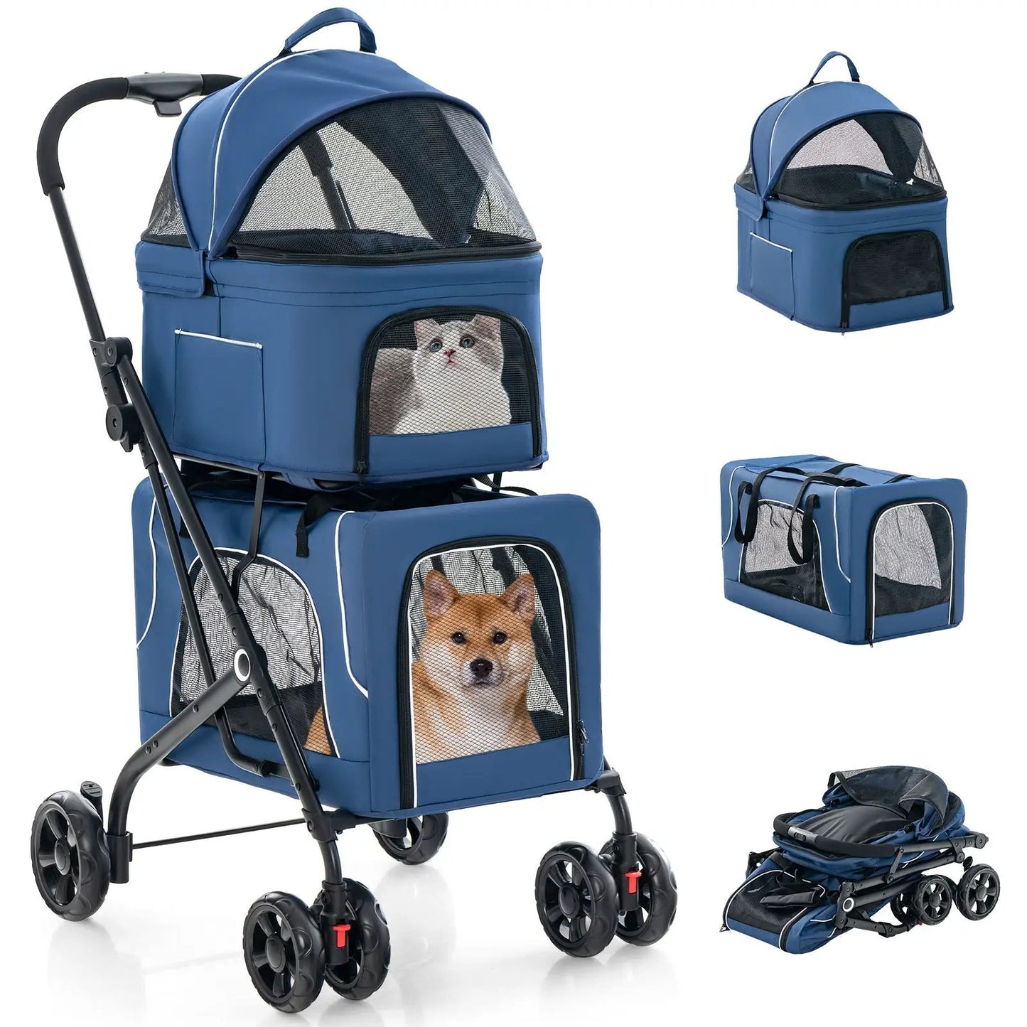 Double Pet Stroller foldable 3-in-1 blue with 2 detachable carriers DirectDeals on Tampa Home & Garden Store
