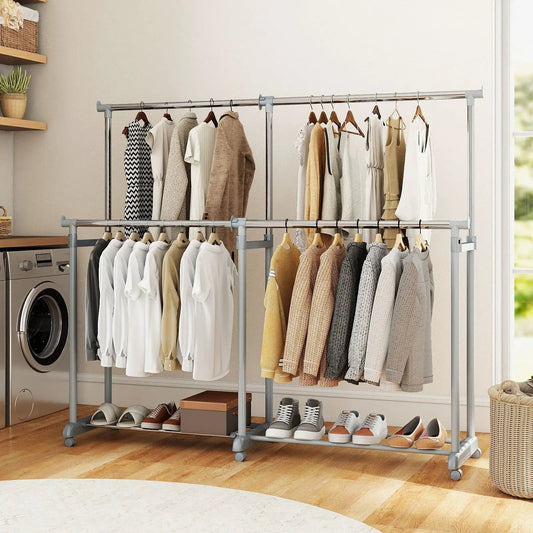 Double Rod Clothes Rack heavy-duty metal two-tier garment rack on wheels in laundry room on Tampa Home & Garden Store