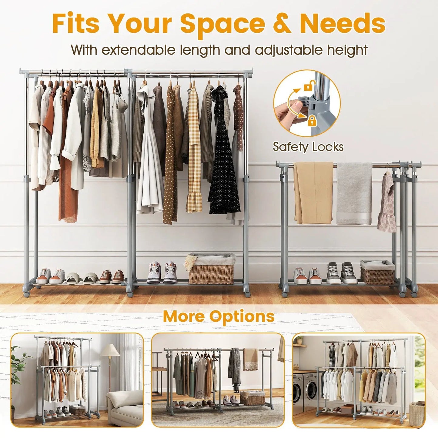Double rod heavy-duty metal garment rack with dual hanging bars and lower shelf on Tampa Home & Garden Store