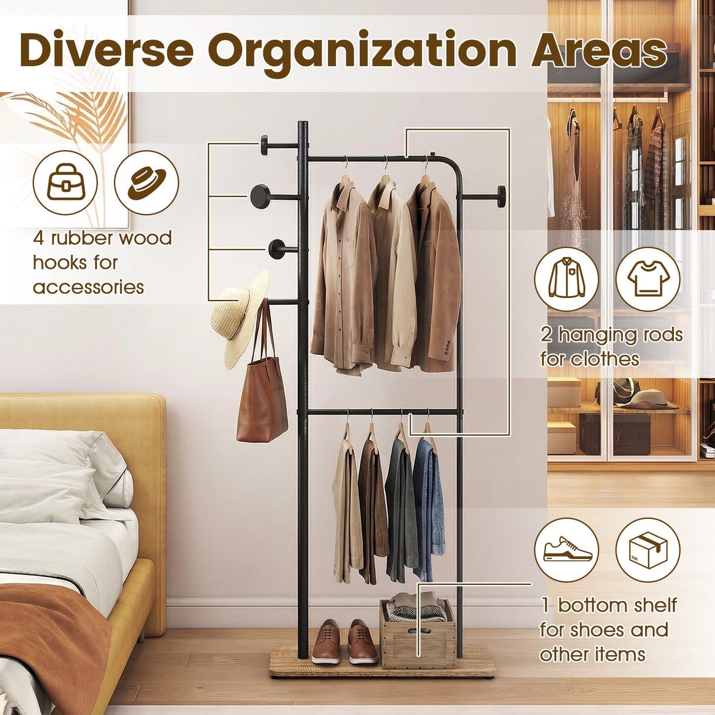 Double Rods Clothes Rack in black metal with rubber wood hooks, two hanging rods and bottom shelf for shoes on Tampa Home & Garden Store