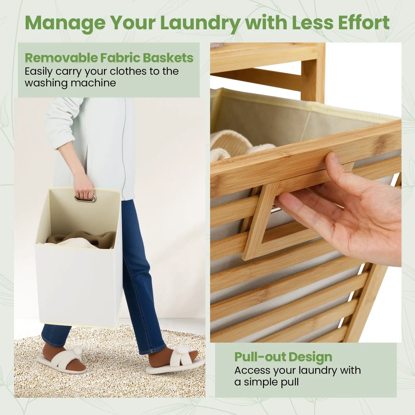 Double tilt-out laundry hamper with 2 removable fabric bins in a natural wood frame on Tampa Home & Garden Store