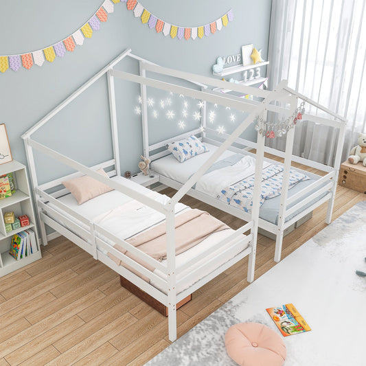Double Twin Size Wooden Bed Frames with Built-in Table for Kids-White - Tampa Home & Garden Store