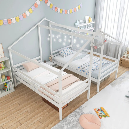 Double twin wooden bed frame with built-in table white finish, two beds for kids on Tampa Home & Garden Store