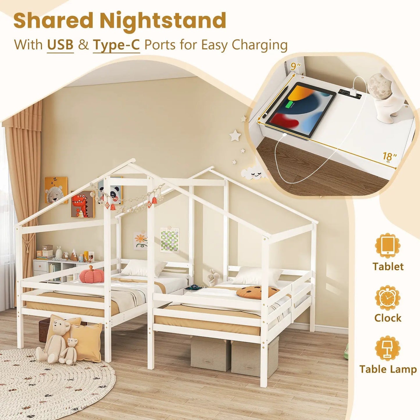 DirectDeals Double Twin Wooden Bed Frame with Built-In Table in white, two beds for kids on Tampa Home & Garden Store