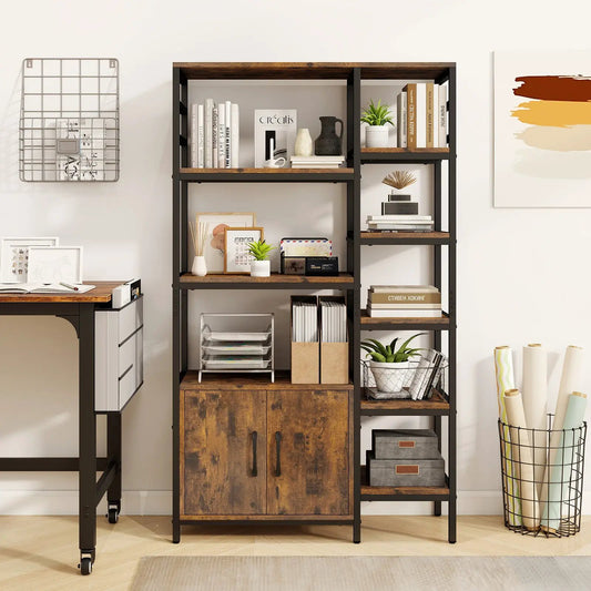 Double wide 8-tier bookshelf with 2-door cabinet in rustic brown and black metal frame on Tampa Home & Garden Store