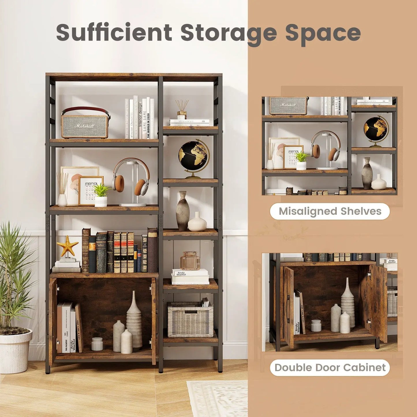 Double Wide 8-Tier Bookshelf with 2-Door Cabinet in brown wood shelves and black metal frame on Tampa Home & Garden Store