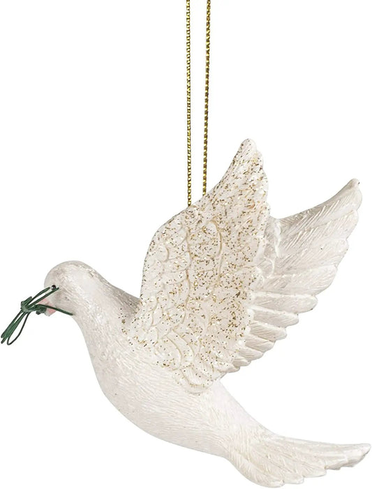 Elegant Dove With Olive Branch Ornament white glitter finish with wings hanging on cord on Tampa Home & Garden Store