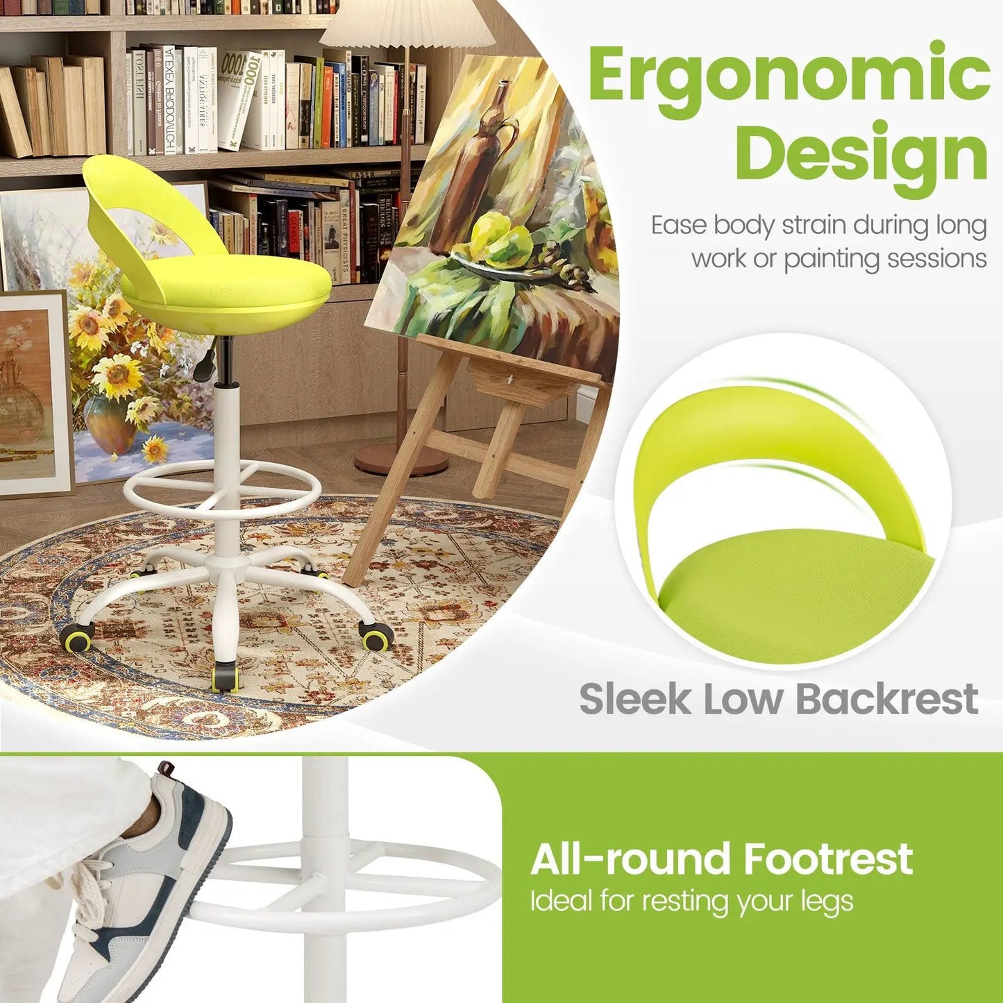 Drafting Stool wheeled lime green seat white base 5 casters DirectDeals on Tampa Home & Garden Store