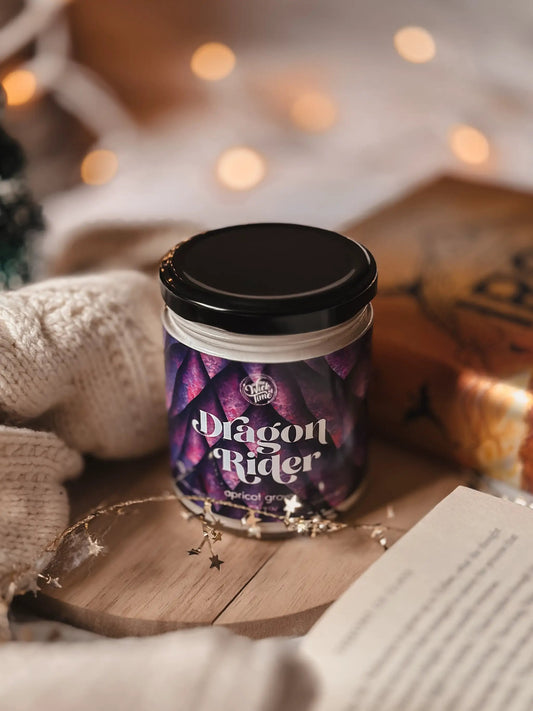 Dragon Rider candle by In the Wick of Time, 9 oz, apricot pear green notes, purple label on Tampa Home & Garden Store