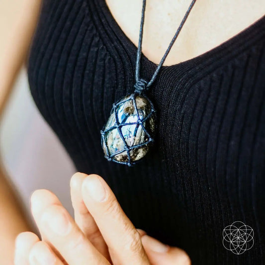 Dragon Heart Transformation Pendant blue marbled stone wrapped in navy netting on cord necklace on Tampa Home & Garden Store
