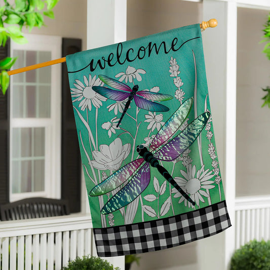 Dragonflies and Wildflowers Linen House Flag teal with dragonfly print and checker border on Tampa Home & Garden Store